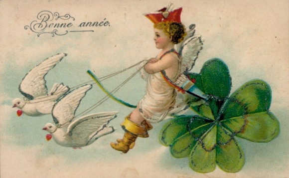 Glitter embossing, Happy New Year, angel, clover, white doves