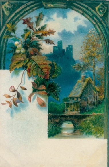 Glittering Postcard foliage leaves, house, castle