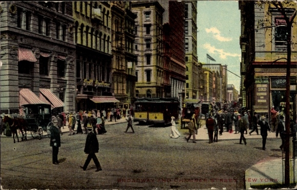 New York City USA, street in crowd, tram, shops