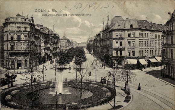 Postcard Hohenlind Cologne, Barbarosse-Platz, Hohenstaufen-Ring, fountain, trees, street view