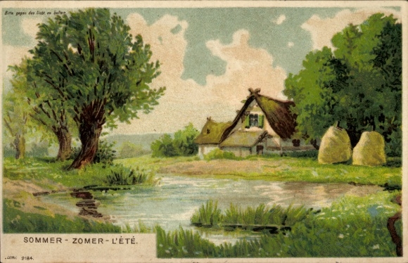 Stop against the light, artist's lithograph, summer, riverbank with country house