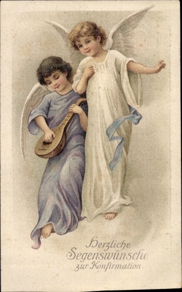 Embossed Postcard congratulations confirmation, angel with lute