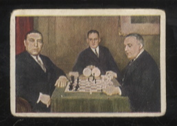 Jenidze Cigarettes Dresden collectible card, famous chess players Rubinstein and Bogoljubow, 6 x 4 cm