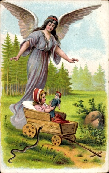 Guardian angel, girl with doll, snake