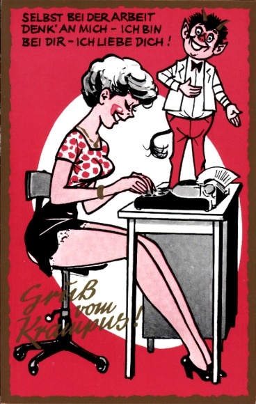 Postcard Krampus, Even at work think of me, typewriter, women's legs