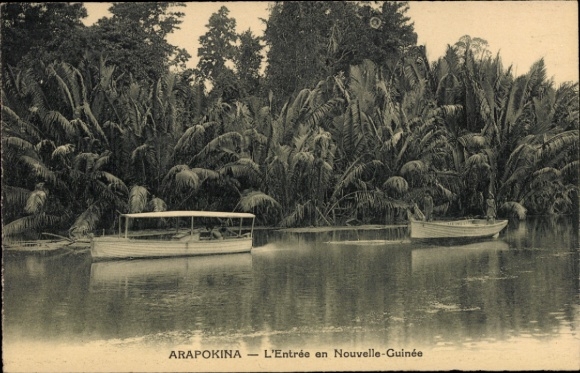 Postcard Arapokina Papua New Guinea, boats, palm trees