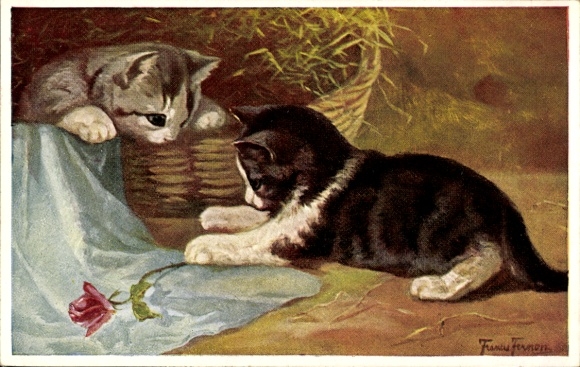 Artist Postcard Fernon, F., Two cats playing with a rose