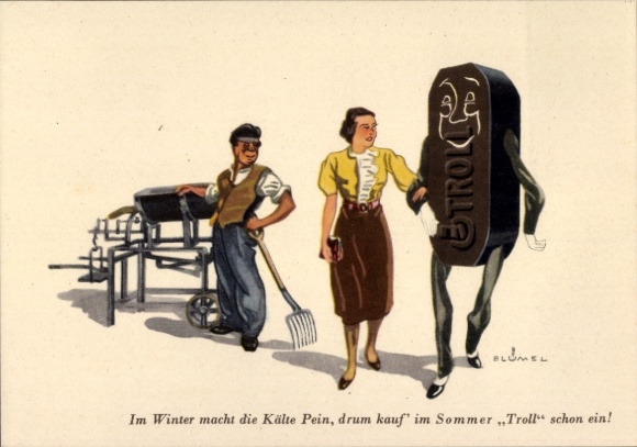 Artist Postcard Blümel, advertising, Troll Briquette, In winter the cold is painful