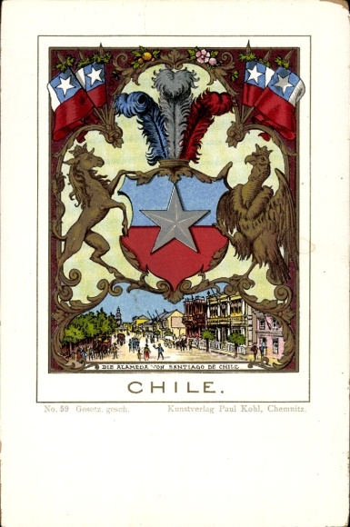 Coat of arms Postcard Chile, Square, Santiago de Chile, Paul Kohl 59