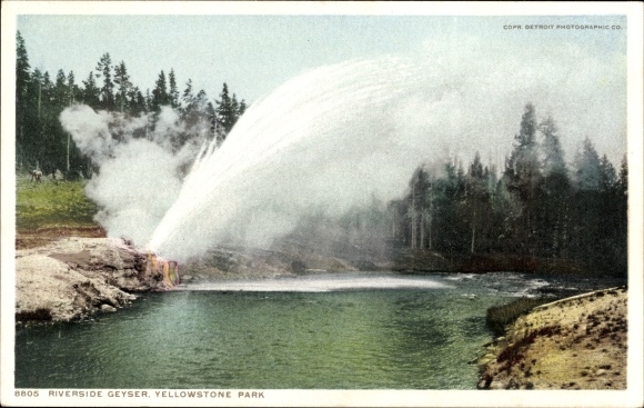 Postcard Wyoming USA, Yellowstone National Park, Riverside Geyser