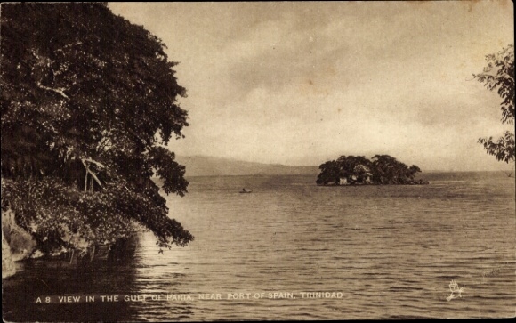 Postcard Port of Spain Trinidad & Tobago, landscape with water, Pelican Island, boat, trees