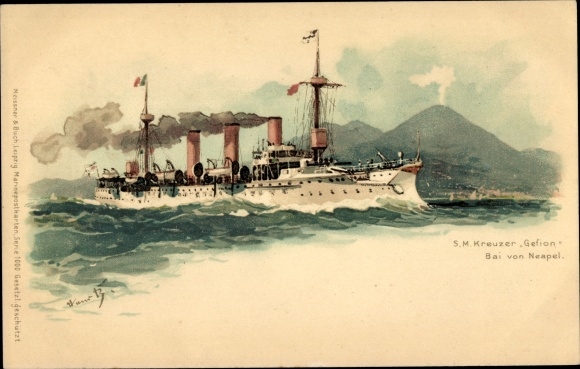 Artist Chromo-Litho Bohrdt, Hans, Napoli Naples Campania, German warship, SMS Gefion, cruiser