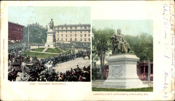 Postcard Portland Maine USA, Soldiers Memorial, Longfellows Memorial