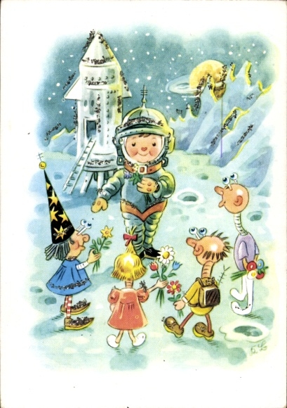 Postcard cosmonaut on an alien planet, rocket, aliens