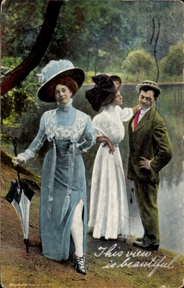 Postcard couple in love, man looking at another woman's leg
