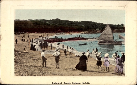 Postcard Mosman Sydney Australia, Balmoral Beach, NSW, beach, sailboat, people on the beach