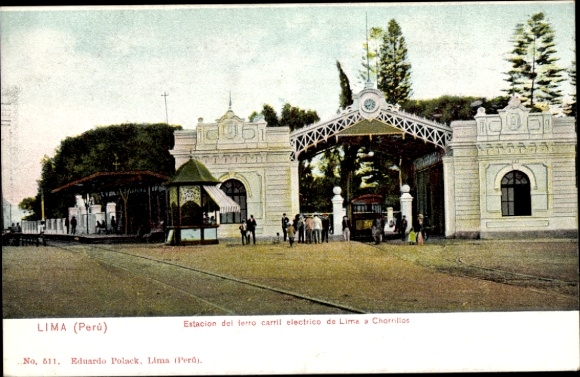 Postcard Lima Peru, station electric train, people, trees,