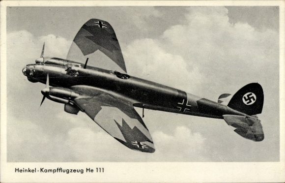 Postcard German fighter aircraft, Heinkel He 111, Luftwaffe, camouflage colors