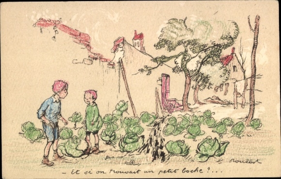 Artist Postcard Poulbot, Francisque, children, vegetable garden