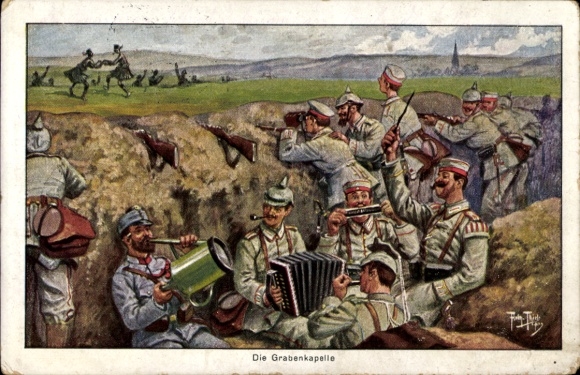 Artist Postcard Thiele, Arthur, The Trench Chapel, Soldiers in the Trench