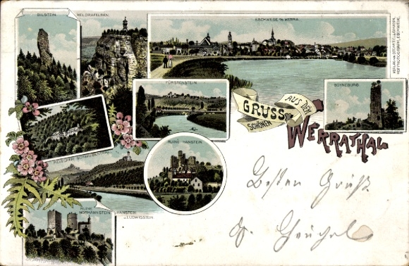 Lithograph by Albungen, Eschwege on the Werra River, Hesse, Fürstenstein Castle, Werra Valley