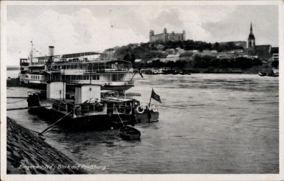 Postcard Petržalka Engerau on the Danube Pressburg Bratislava Slovakia, ship