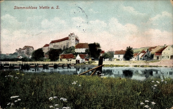 Postcard Wettin Löbejün in the Saalekreis district, Wettin ancestral castle on the Saale, water, meadows, houses,