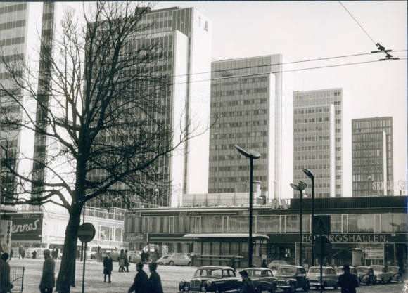 Photo of Stockholm, Sweden, high-rise buildings, shops, February 1963