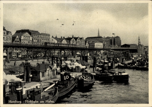 Hamburg Airport, elevated railway at the port, tugboats