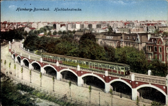 Hamburg Barmbek station, railway on the elevated railway line and city