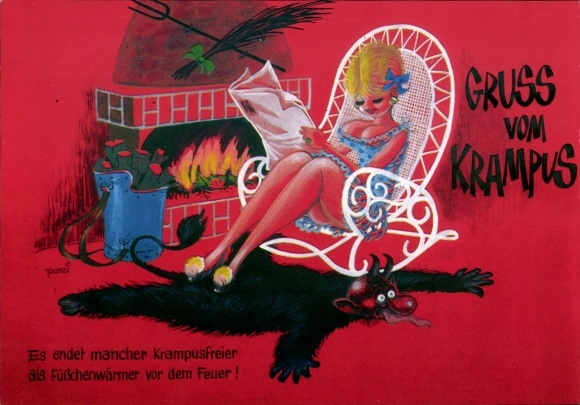 Artist Postcard Purzi, Krampus, Many a Krampus-free person ends up warming their feet in front of the fire