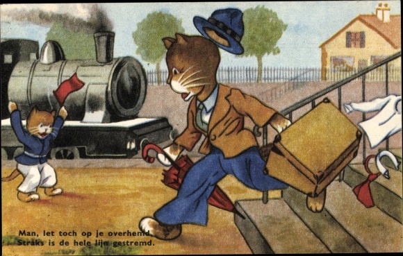 Postcard cat quickly runs to the station, journey, farewell