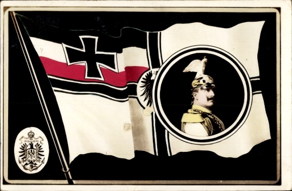 Passepartout AK Kaiser Wilhelm II. in parade uniform, flag, coat of arms