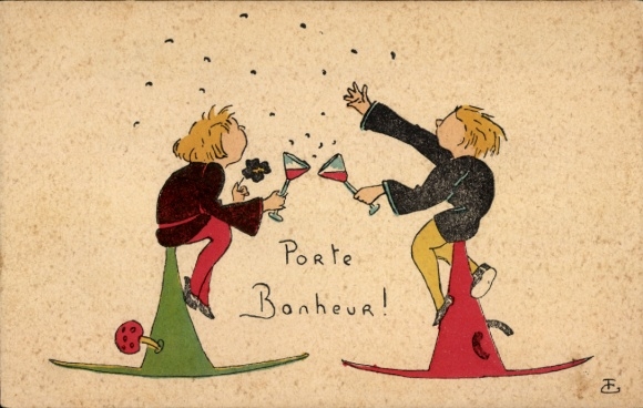 Artist Postcard lucky charm, boys with champagne glasses, fly agaric, clover, horseshoe
