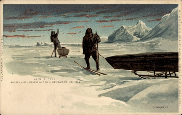 Artist Lithograph Goldfeld, A., Southbound, Polar explorers Nansen and Johansen on their way home