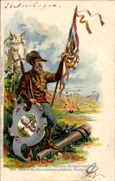 Coat of arms lithograph South Africa, Boer War, Boer with horse and flag