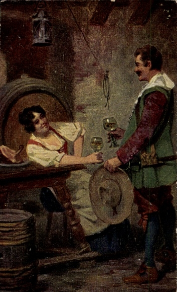 Artist Postcard Old German Drinkers, Man and Woman with Wine Glasses, Erpaco