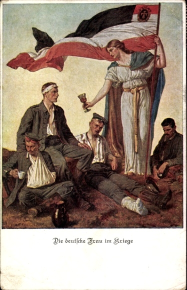 Postcard The German woman in the war, wounded soldiers