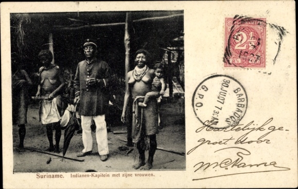 Postcard Suriname, South American ethnic types, captain with two women