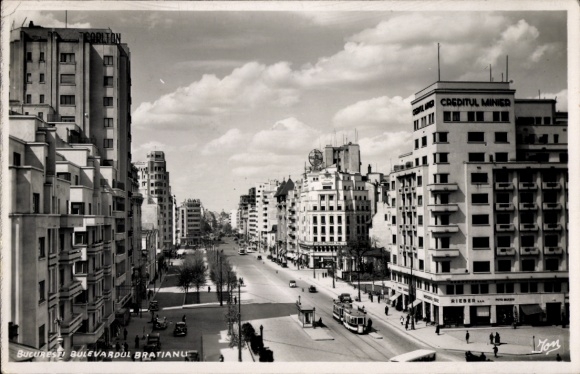 Postcard București Bucharest Romania, Bulevardul Bratianu, credit institution, street view, tram