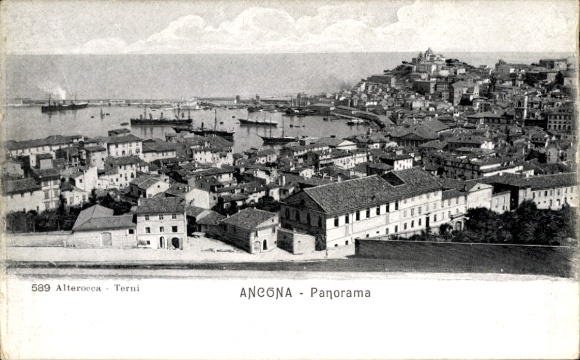 Postcard Ancona Marche, Panorama of harbor view, ships, city view