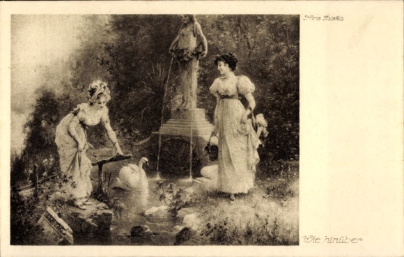 Artist Postcard Zatzka, Hans, How to cross over, Women by a stream, Swan