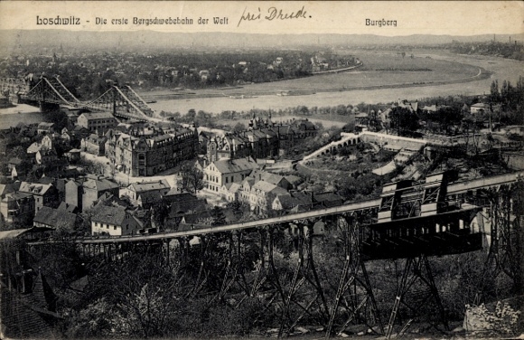 Dresden Northeast Loschwitz viewpoint, view of the world's first mountain suspension railway, Burgberg, bridge