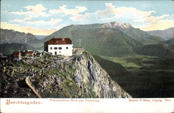 Postcard Berchtesgaden in Upper Bavaria, Watzmannhaus, view of the Untersberg, colored