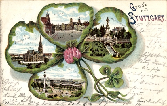 Cloverleaf Chromo-Litho Stuttgart in Württemberg, Market Square, Church, Castle Square, Monument