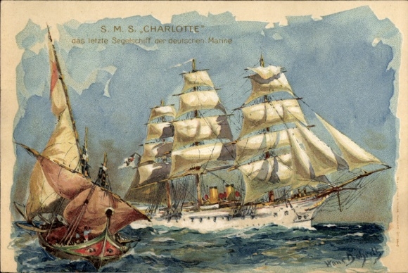 Artist Lithograph Bohrdt, Hans, Cruiser Frigate SMS Charlotte, last sailing ship of the German Navy