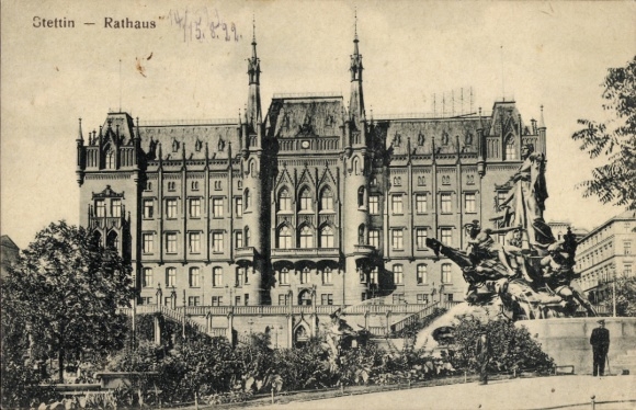 Postcard Szczecin Stettin Pomerania, Town Hall, Fountain