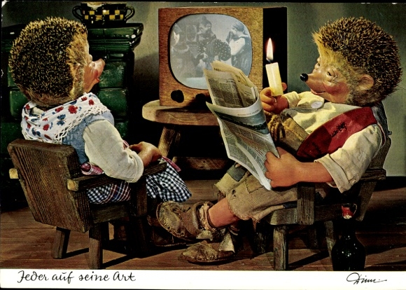 Postcard Mecki the hedgehog, Each in his own way, hedgehog woman, television, newspaper
