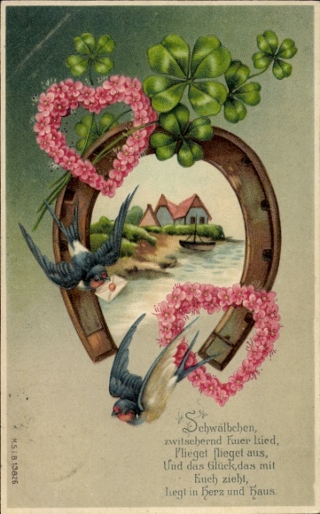 Embossed Postcard clovers, hearts, horseshoes, swallows