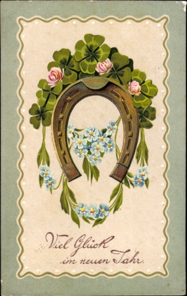 Postcard Congratulations Name Day, Forget-me-not, Horseshoe, Lucky Clover